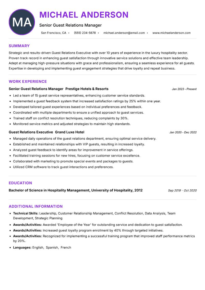 Guest Relations Executive resume example