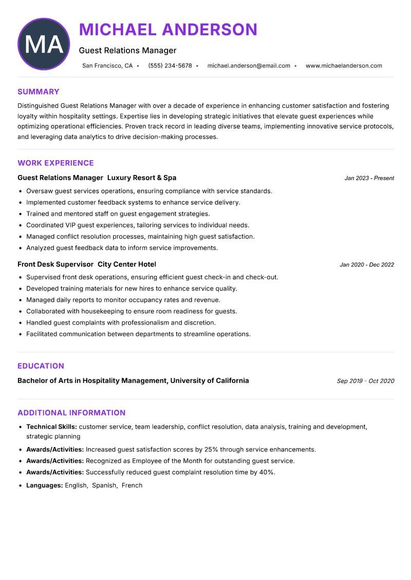 Guest Relations Manager resume example