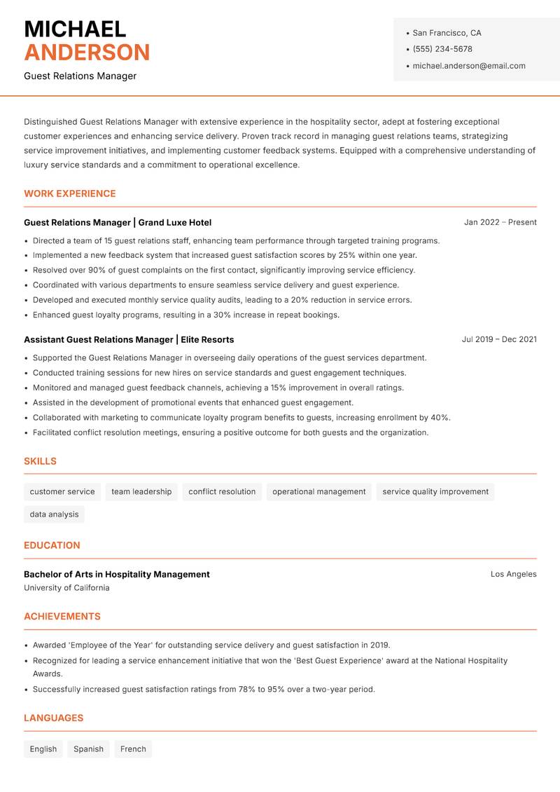 Guest Relations Manager resume sample — Guest Relations Manager focus