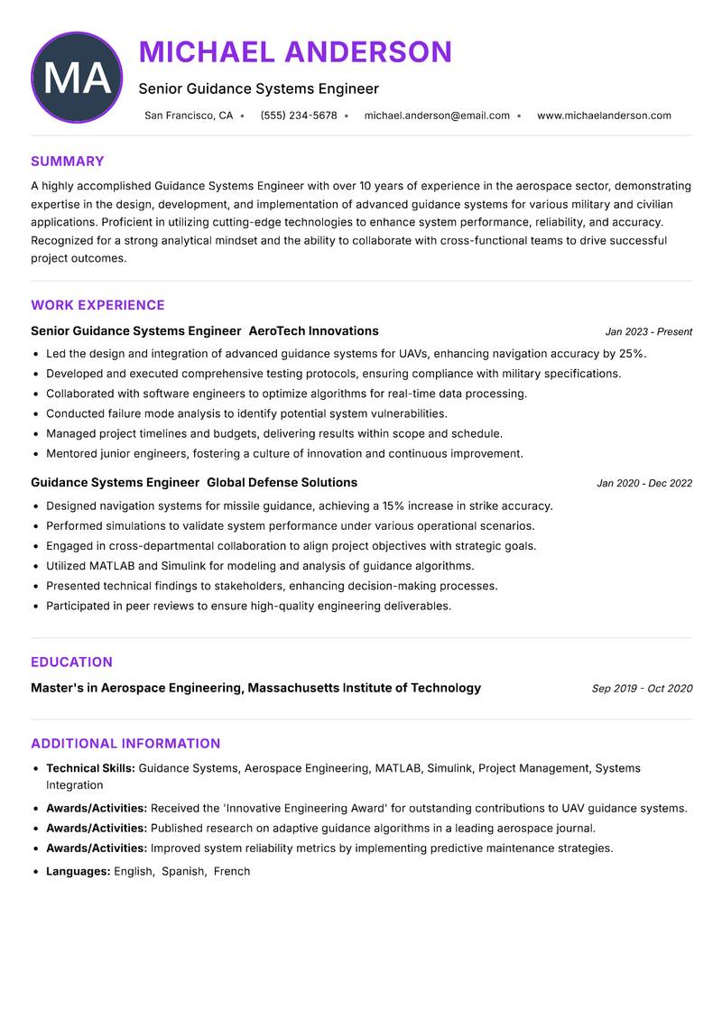 Guidance Systems Engineer resume example