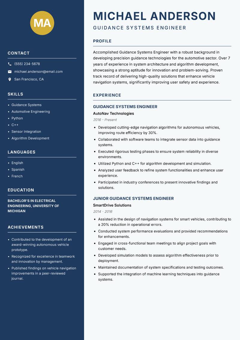 Guidance Systems Engineer resume sample — Guidance Systems Engineer focus