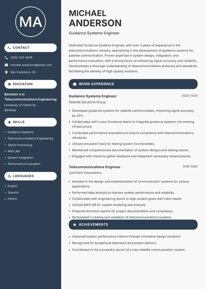 Guidance Systems Engineer resume sample — Guidance Systems Engineer focus