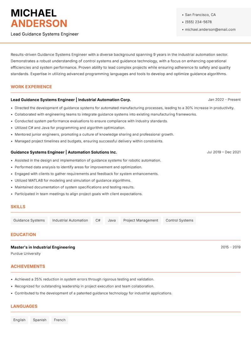 Guidance Systems Engineer resume sample — Lead Guidance Systems Engineer focus