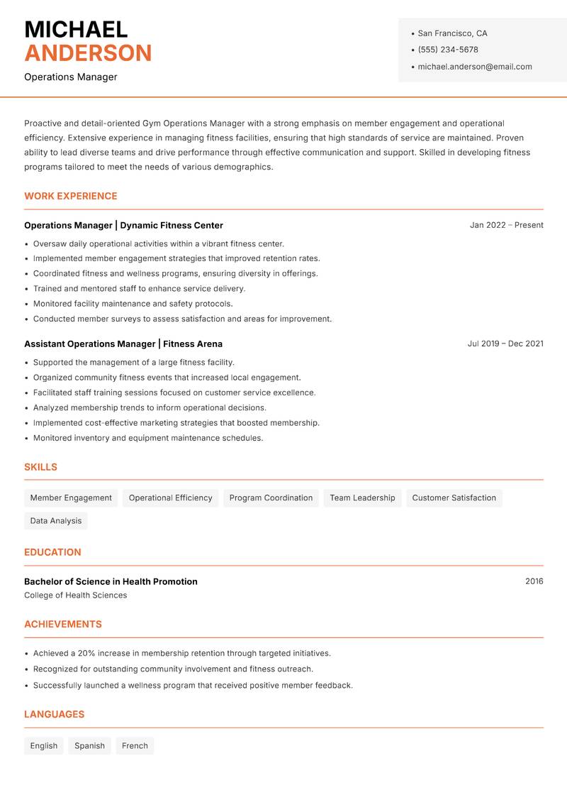 Gym Operations Manager resume sample — Operations Manager focus