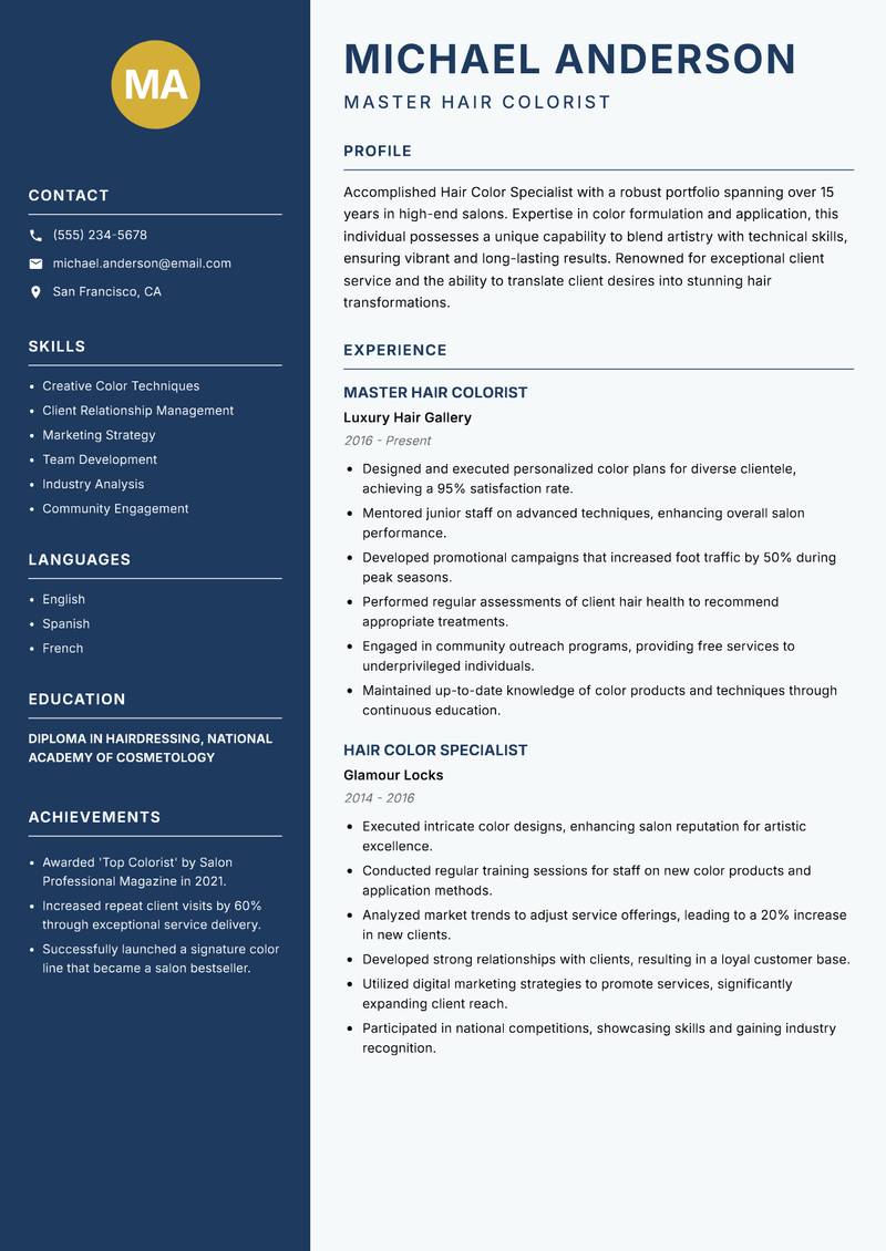 Hair Color Specialist resume sample — Master Hair Colorist focus