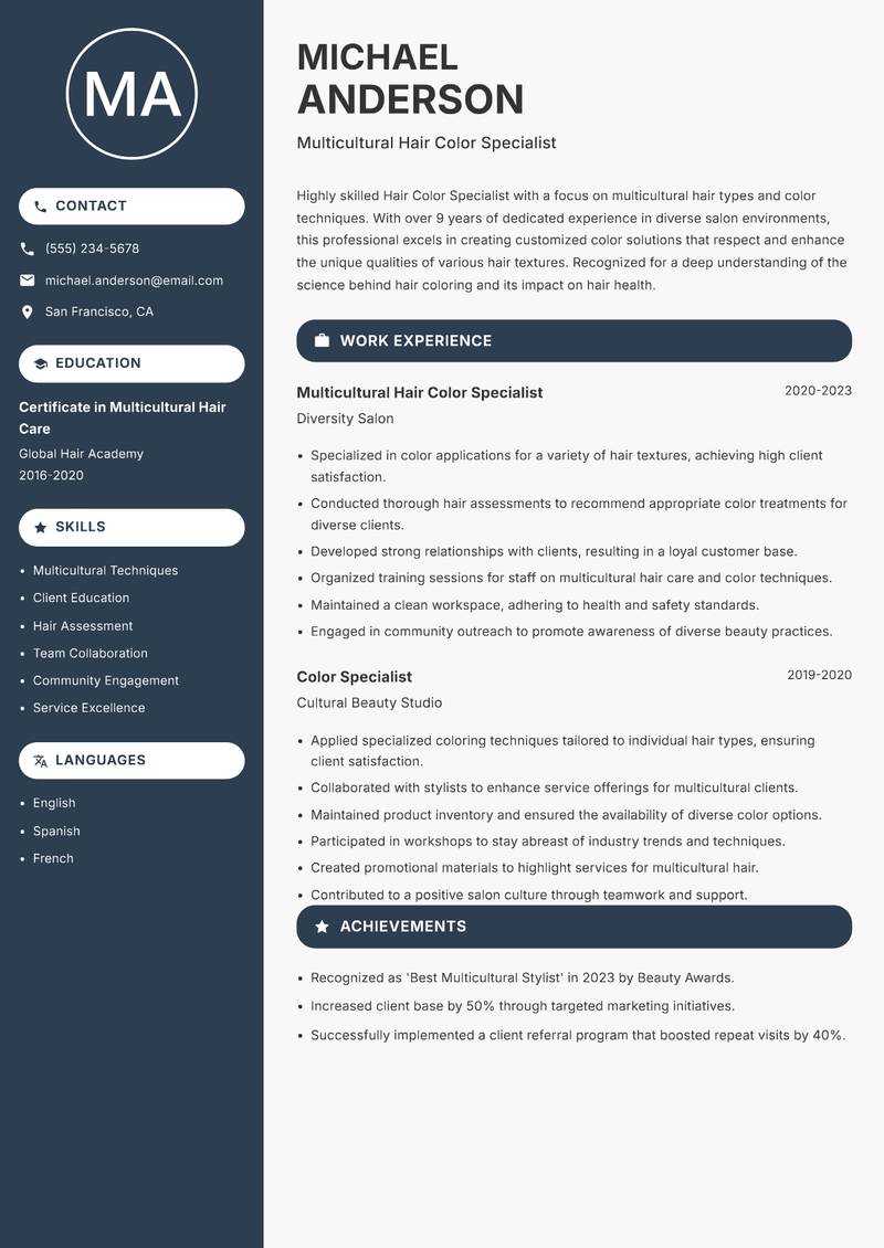 Hair Color Specialist resume sample — Multicultural Hair Color Specialist focus