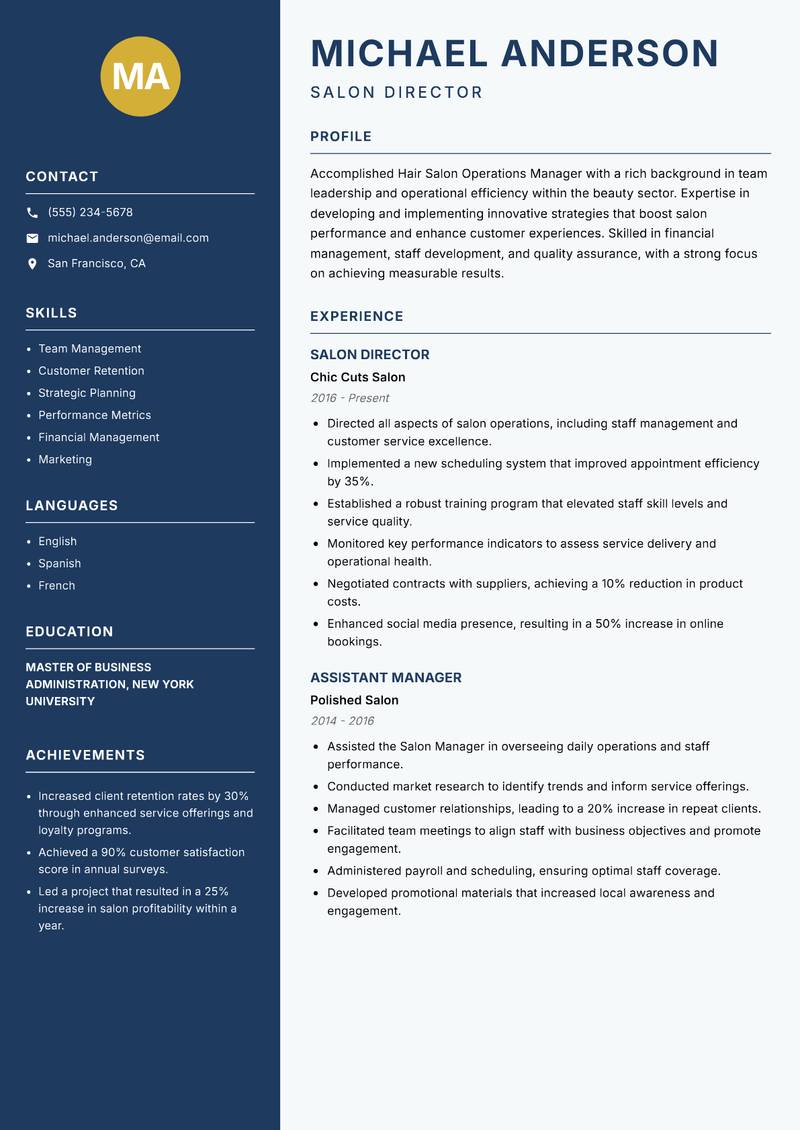 Hair Salon Operations Manager resume sample — Salon Director focus