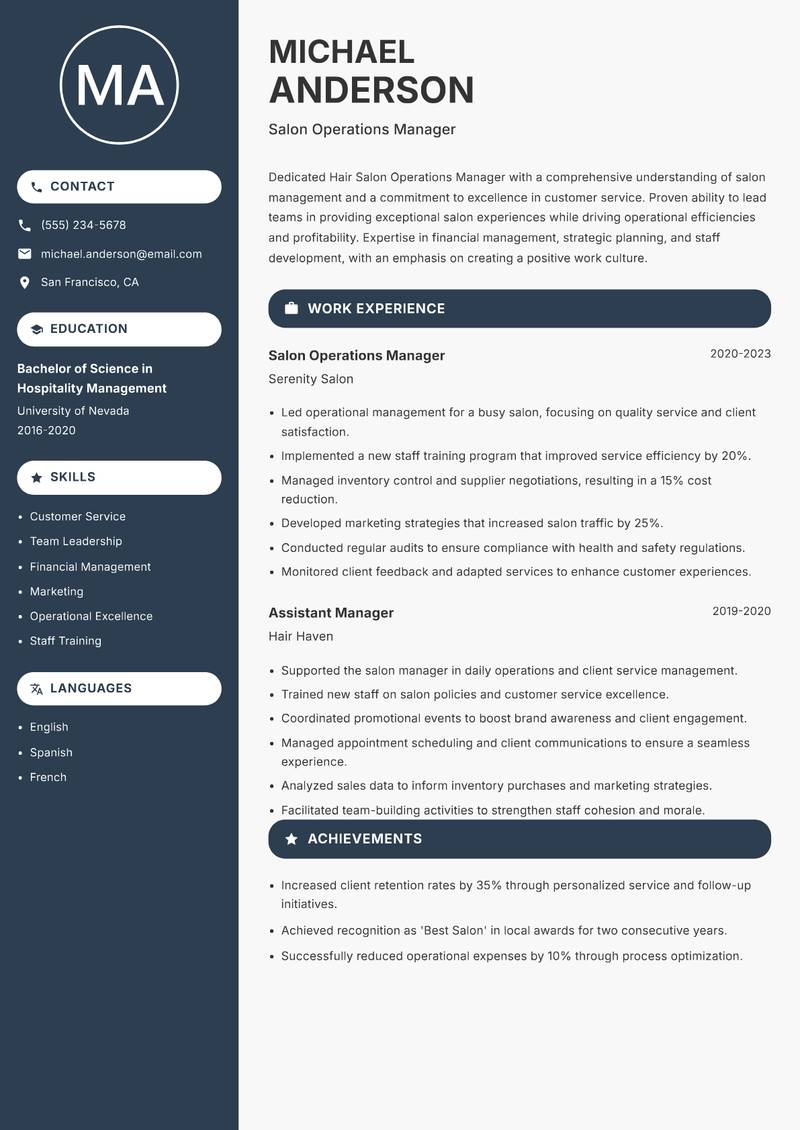 Hair Salon Operations Manager resume sample — Salon Operations Manager focus