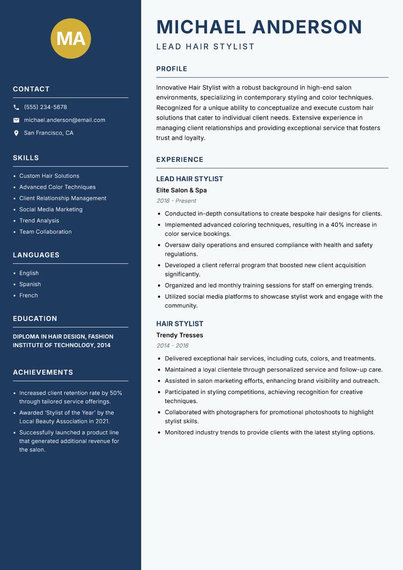 Hair Stylist resume sample — Lead Hair Stylist focus