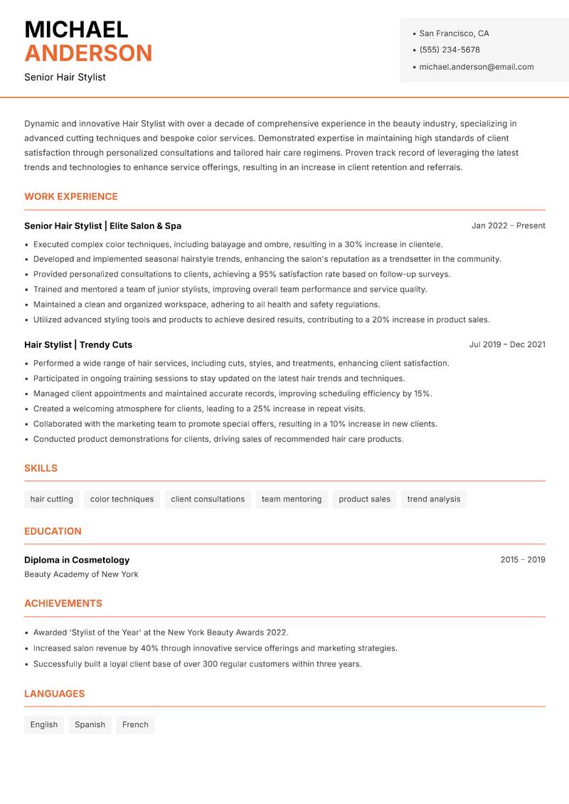 Hair Stylist resume sample — Senior Hair Stylist focus