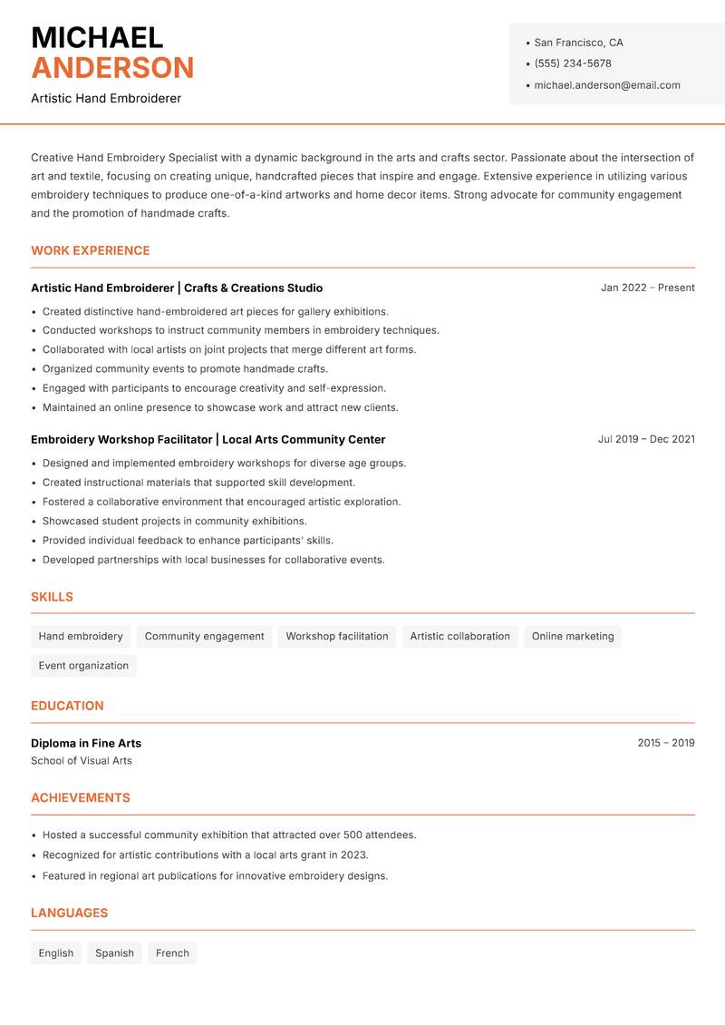 Hand Embroidery Specialist resume sample — Artistic Hand Embroiderer focus