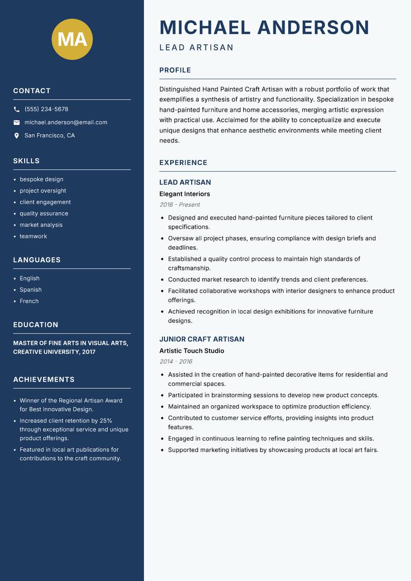Hand Painted Craft Artisan resume sample — Lead Artisan focus