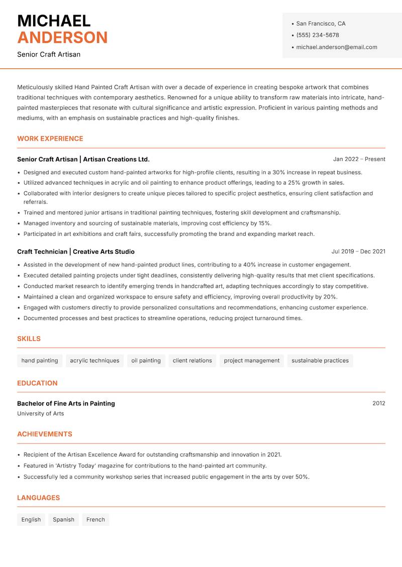 Hand Painted Craft Artisan resume sample — Senior Craft Artisan focus