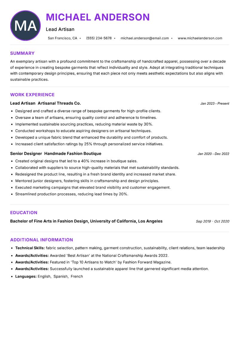Handcrafted Apparel Maker resume example