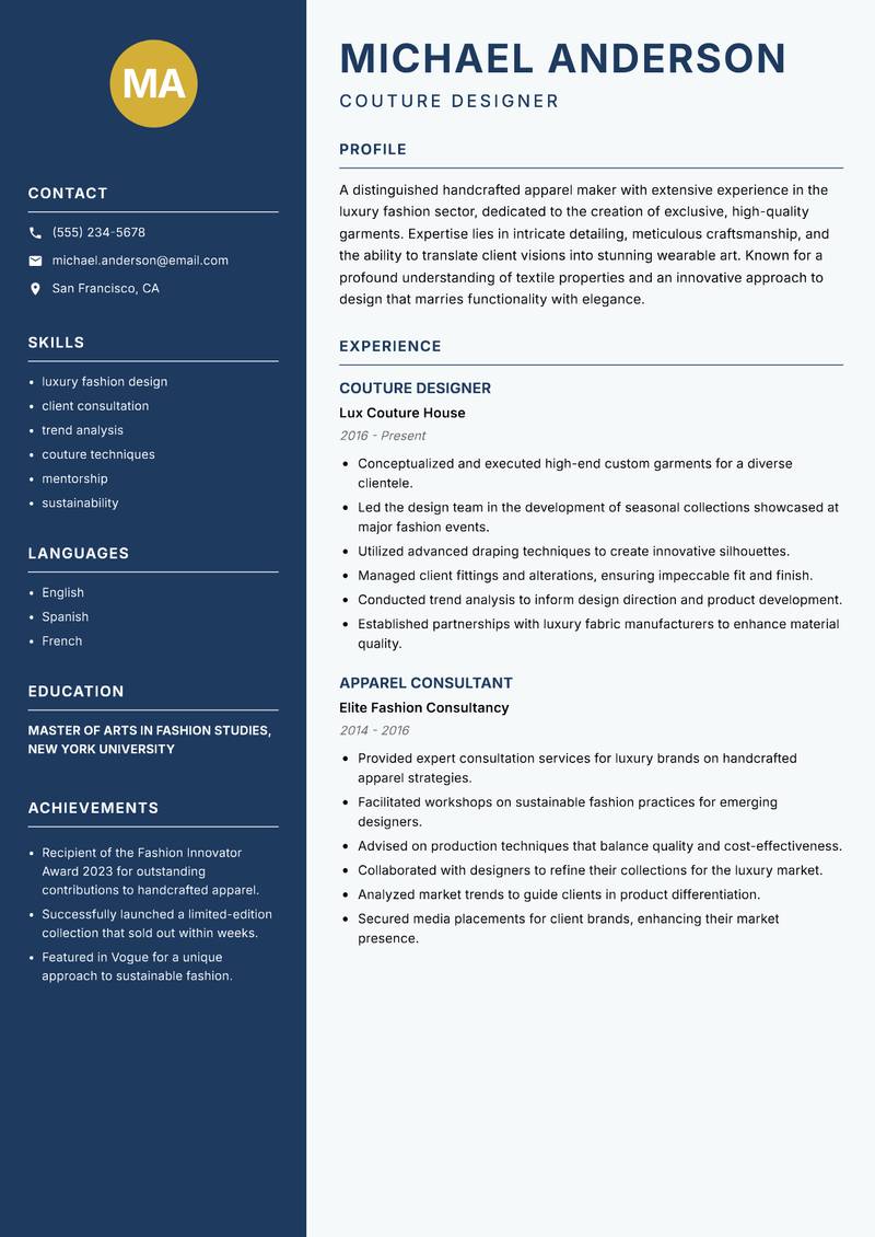 Handcrafted Apparel Maker resume sample — Couture Designer focus