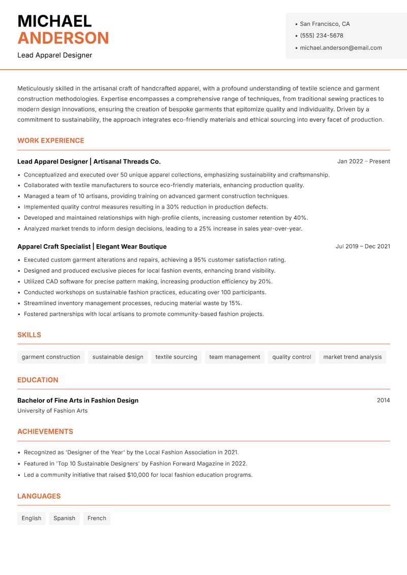 Handcrafted Apparel Maker resume sample — Lead Apparel Designer focus