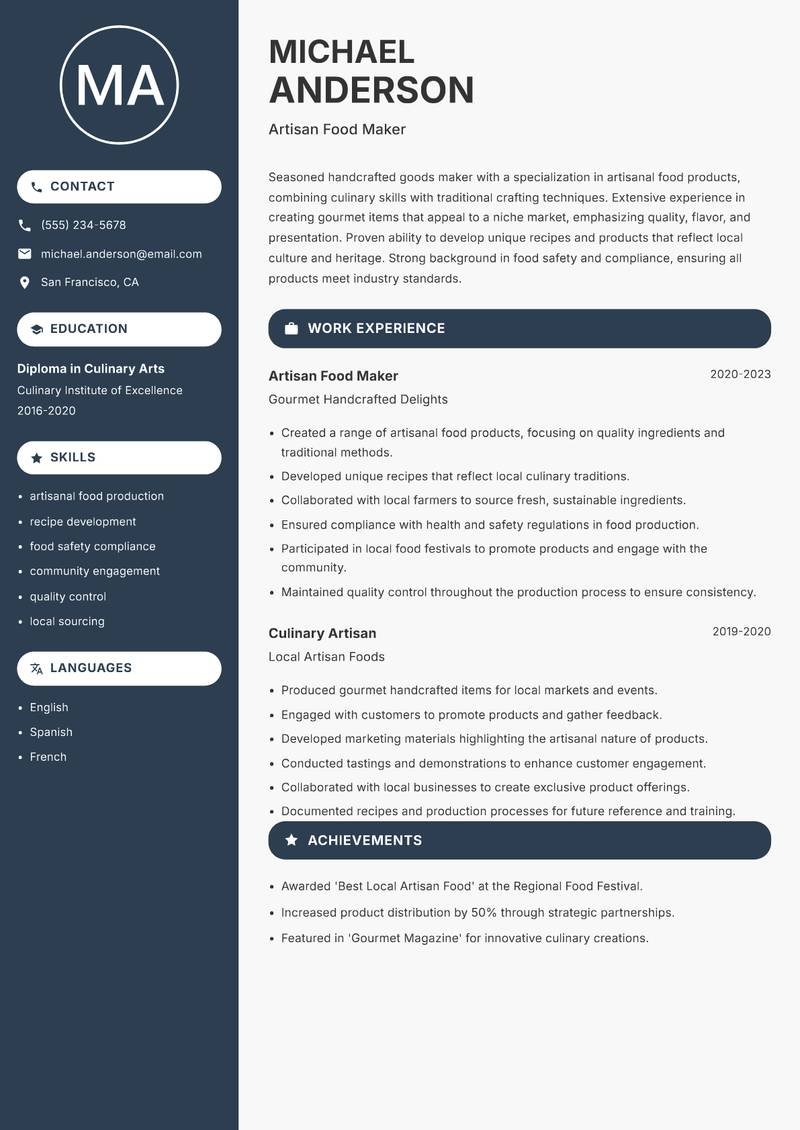 Handcrafted Goods Maker resume sample — Artisan Food Maker focus