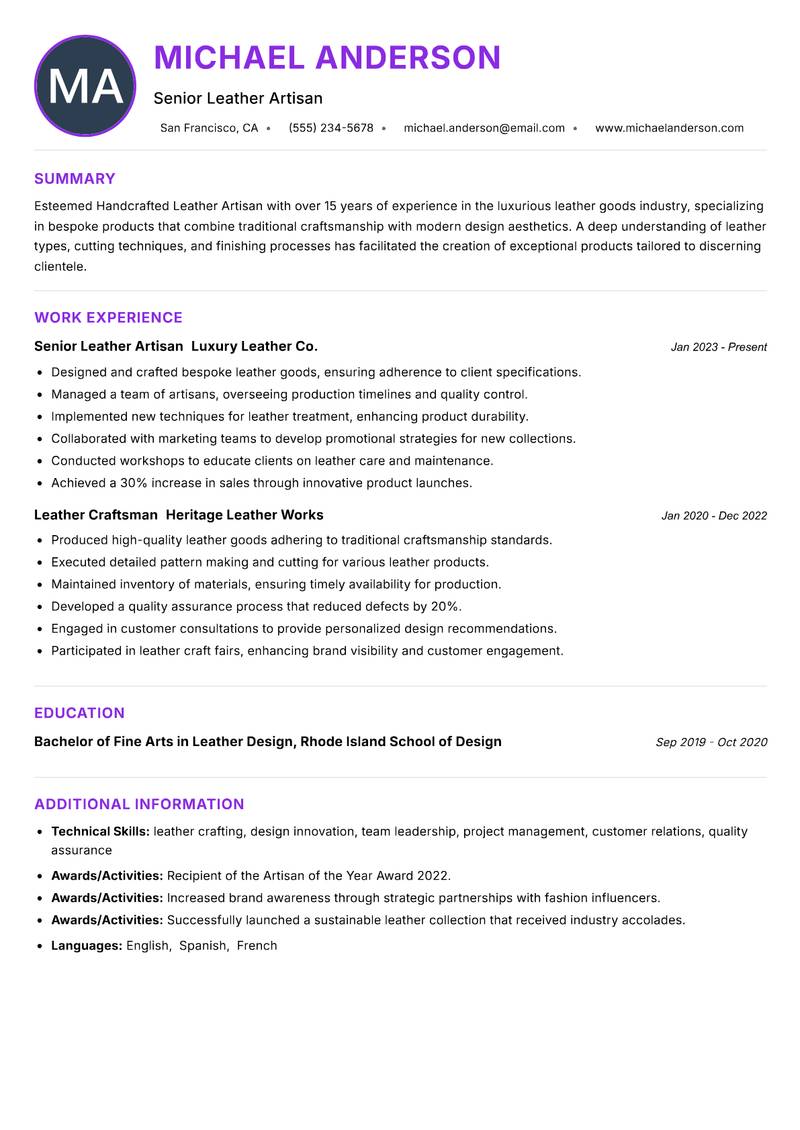 Handcrafted Leather Artisan resume example