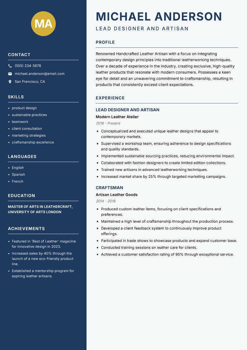Handcrafted Leather Artisan resume sample — Lead Designer and Artisan focus