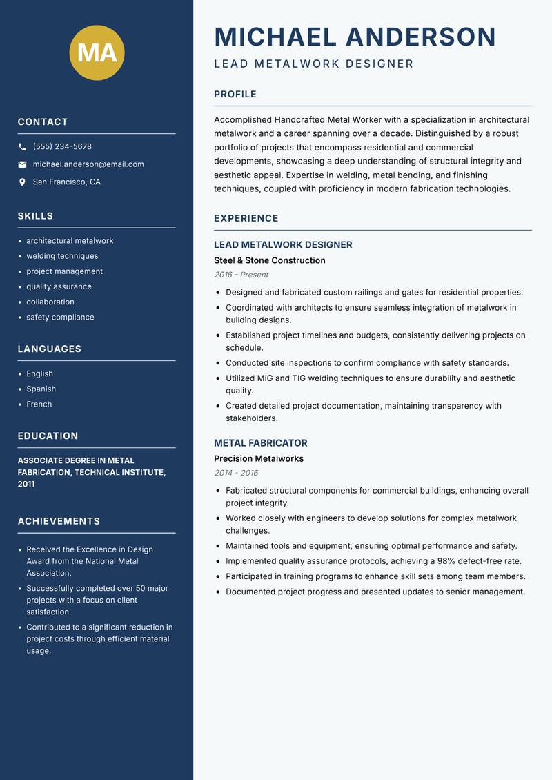 Handcrafted Metal Worker resume sample — Lead Metalwork Designer focus