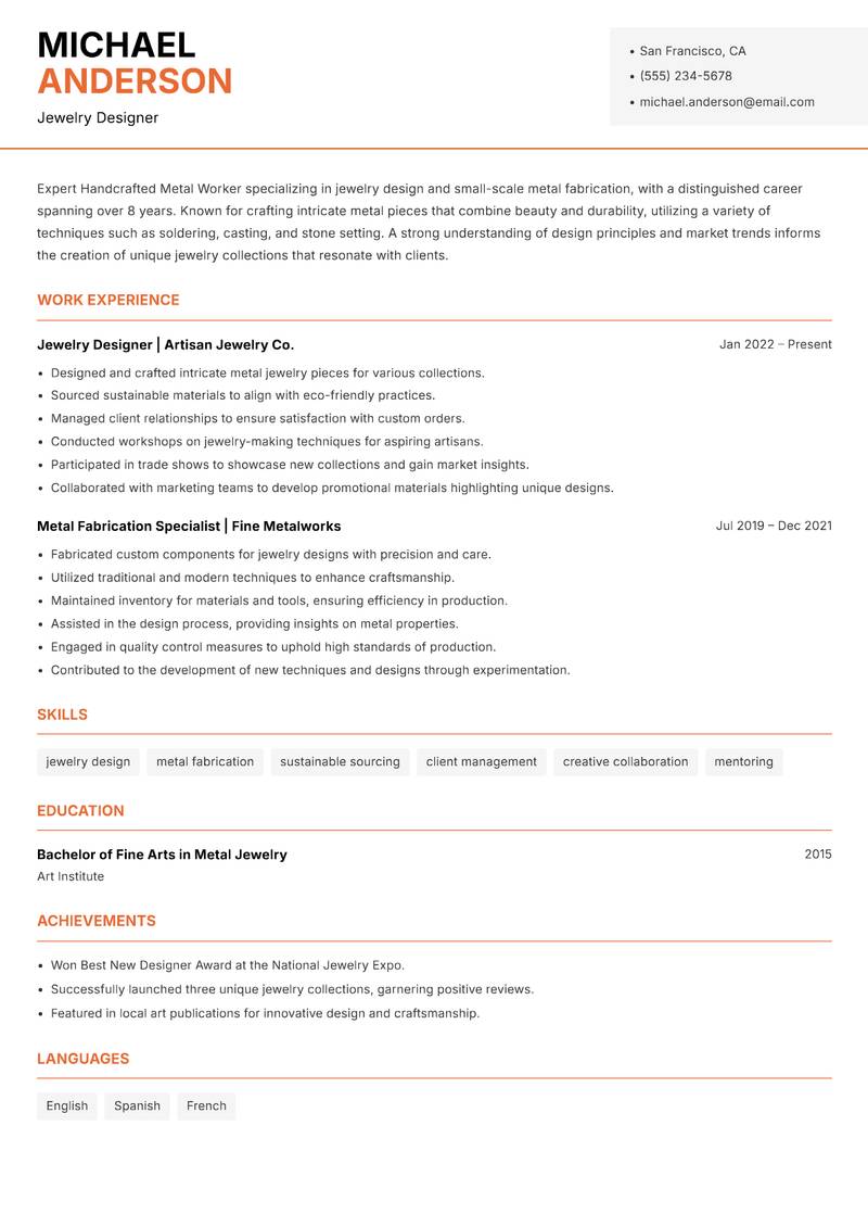 Handcrafted Metal Worker resume sample — Jewelry Designer focus