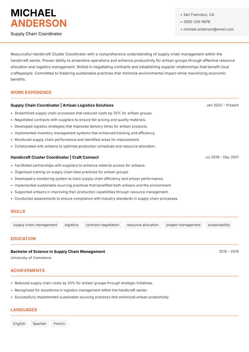 Handicraft Cluster Coordinator resume sample — Supply Chain Coordinator focus