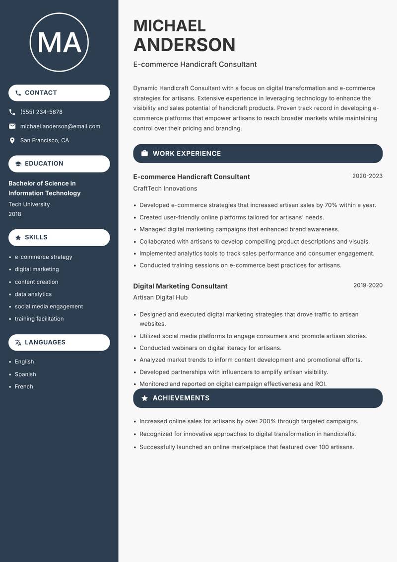 Handicraft Consultant resume sample — E-commerce Handicraft Consultant focus