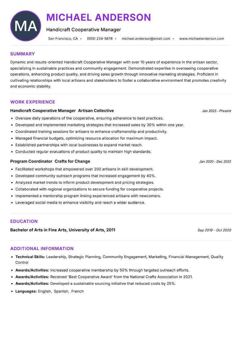 Handicraft Cooperative Manager resume example