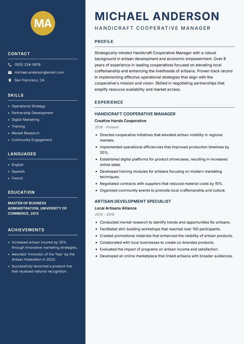 Handicraft Cooperative Manager resume sample — Handicraft Cooperative Manager focus