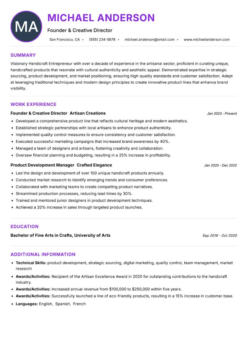 Handicraft Entrepreneur resume example