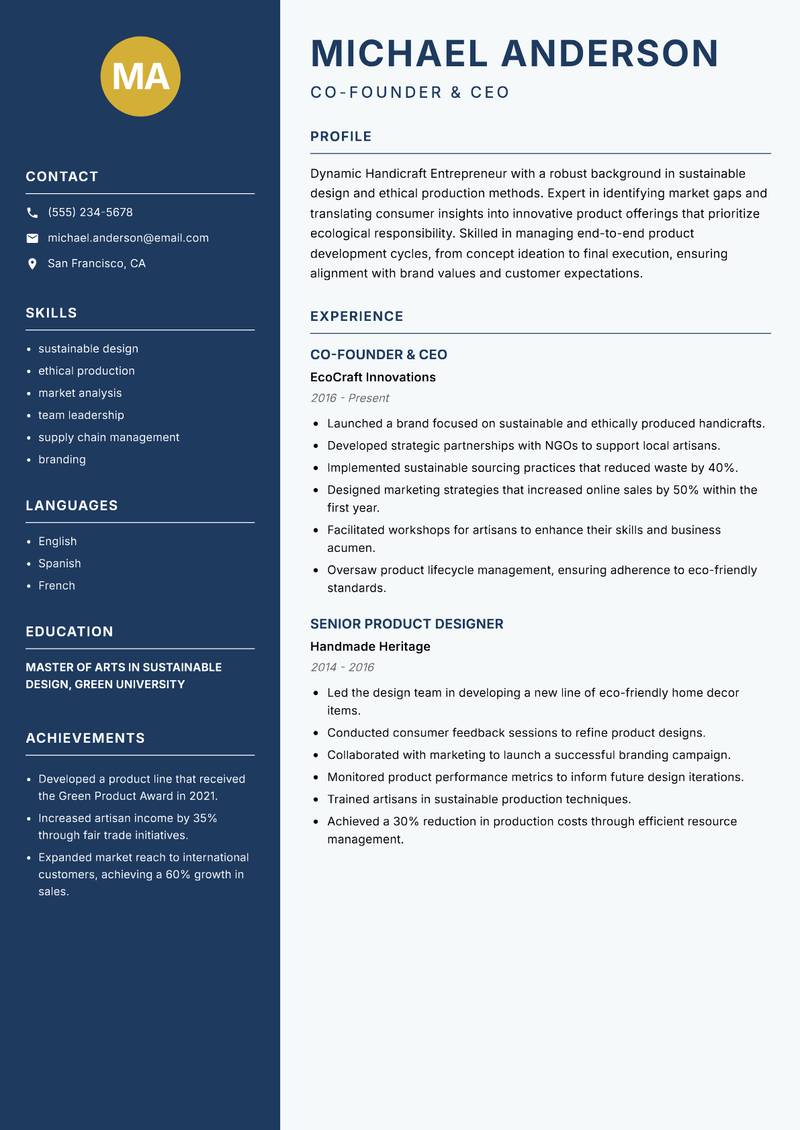 Handicraft Entrepreneur resume sample — Co-Founder & CEO focus