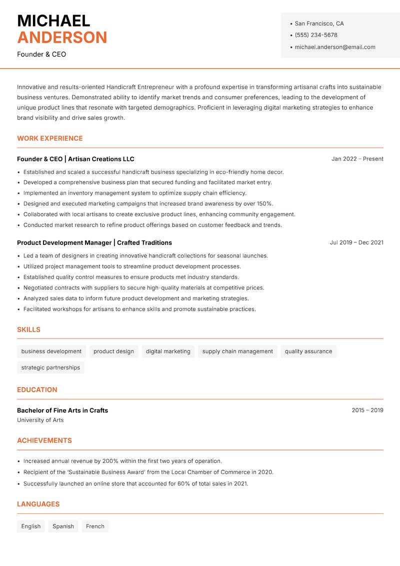Handicraft Entrepreneur resume sample — Founder & CEO focus