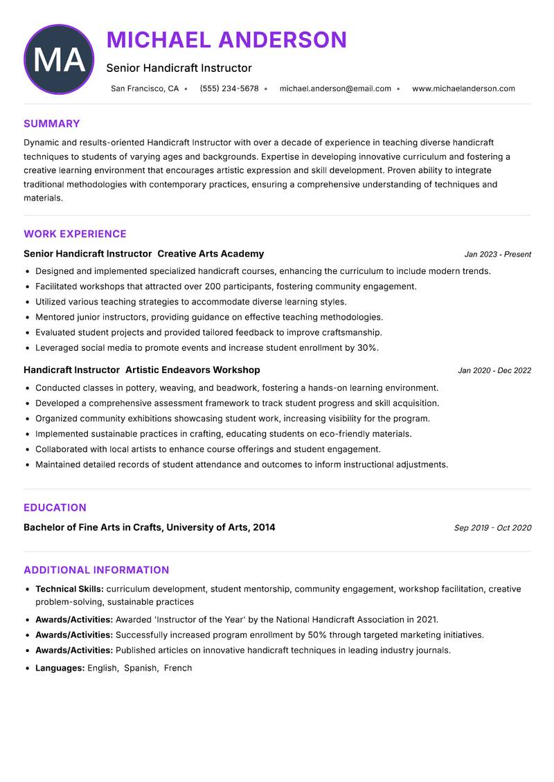 Handicraft Instructor resume example