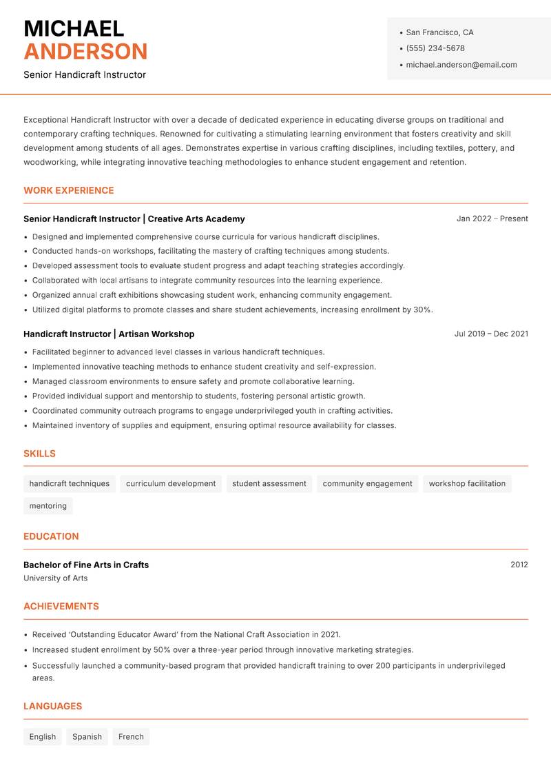 Handicraft Instructor resume sample — Senior Handicraft Instructor focus