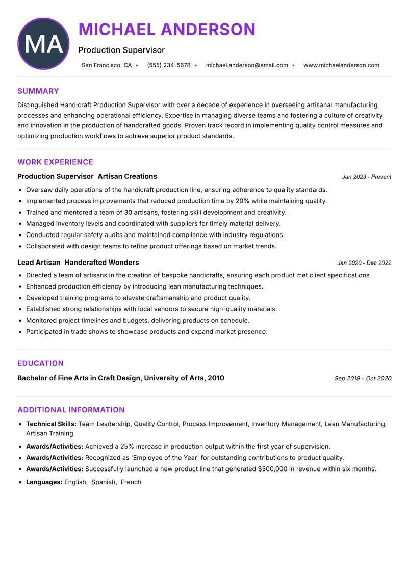 Handicraft Production Supervisor resume example