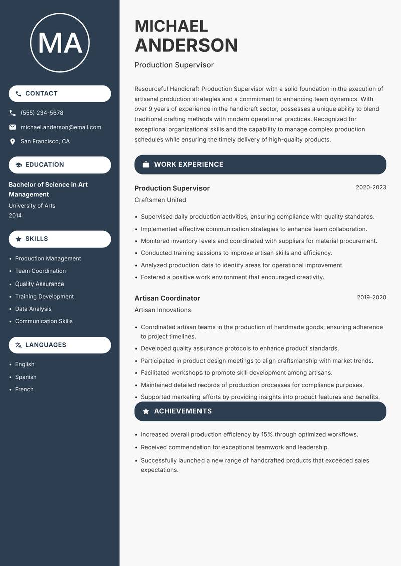 Handicraft Production Supervisor resume sample — Production Supervisor focus