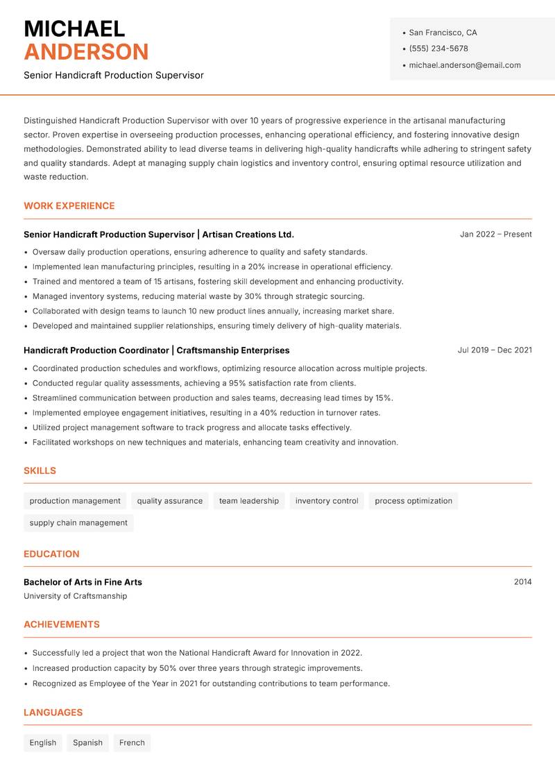 Handicraft Production Supervisor resume sample — Senior Handicraft Production Supervisor focus