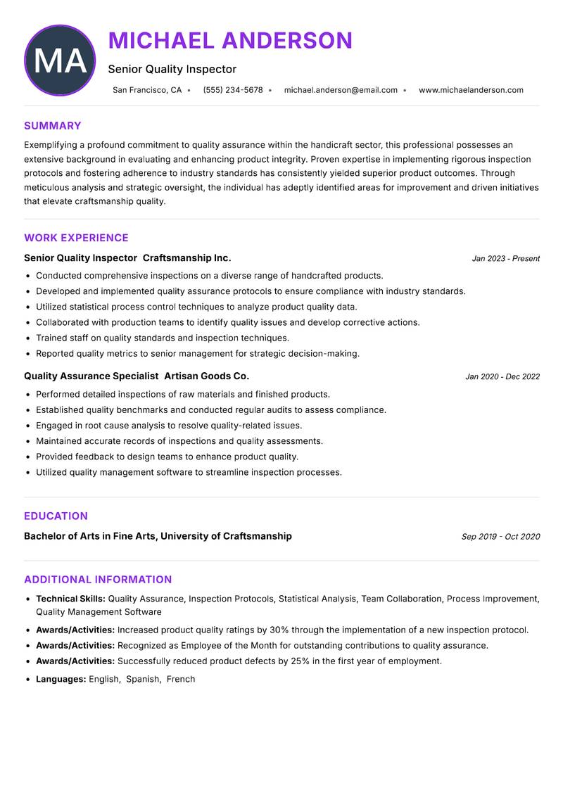 Handicraft Quality Inspector resume example