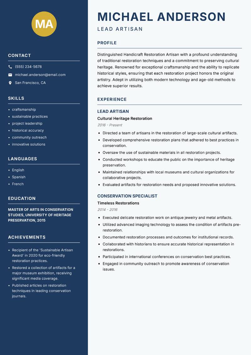 Handicraft Restoration Artisan resume sample — Lead Artisan focus