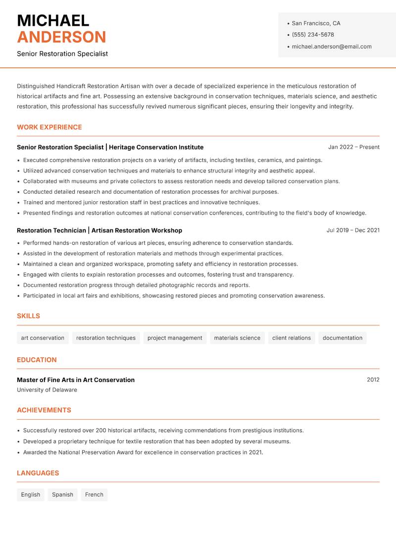Handicraft Restoration Artisan resume sample — Senior Restoration Specialist focus