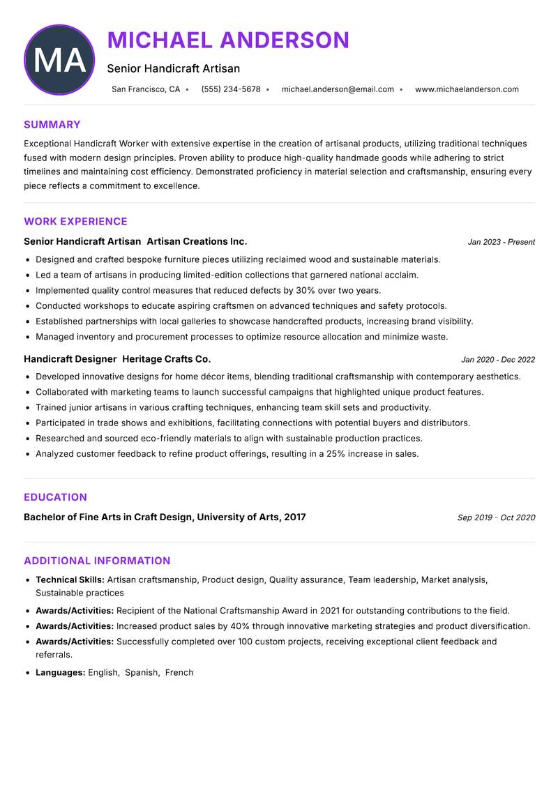 Handicraft Worker resume example