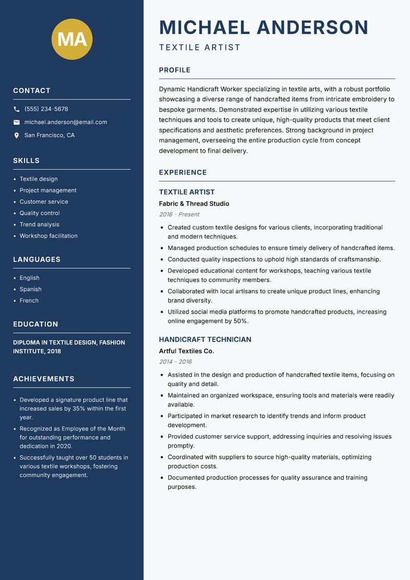 Handicraft Worker resume sample — Textile Artist focus