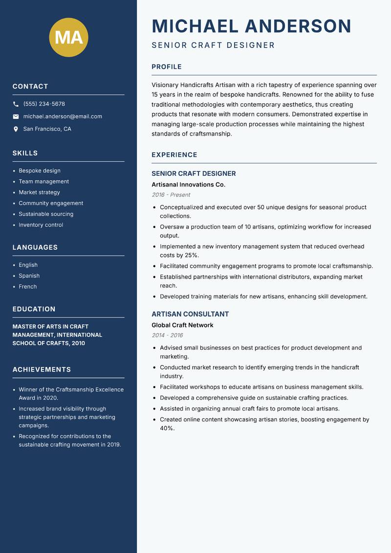 Handicrafts Artisan resume sample — Senior Craft Designer focus