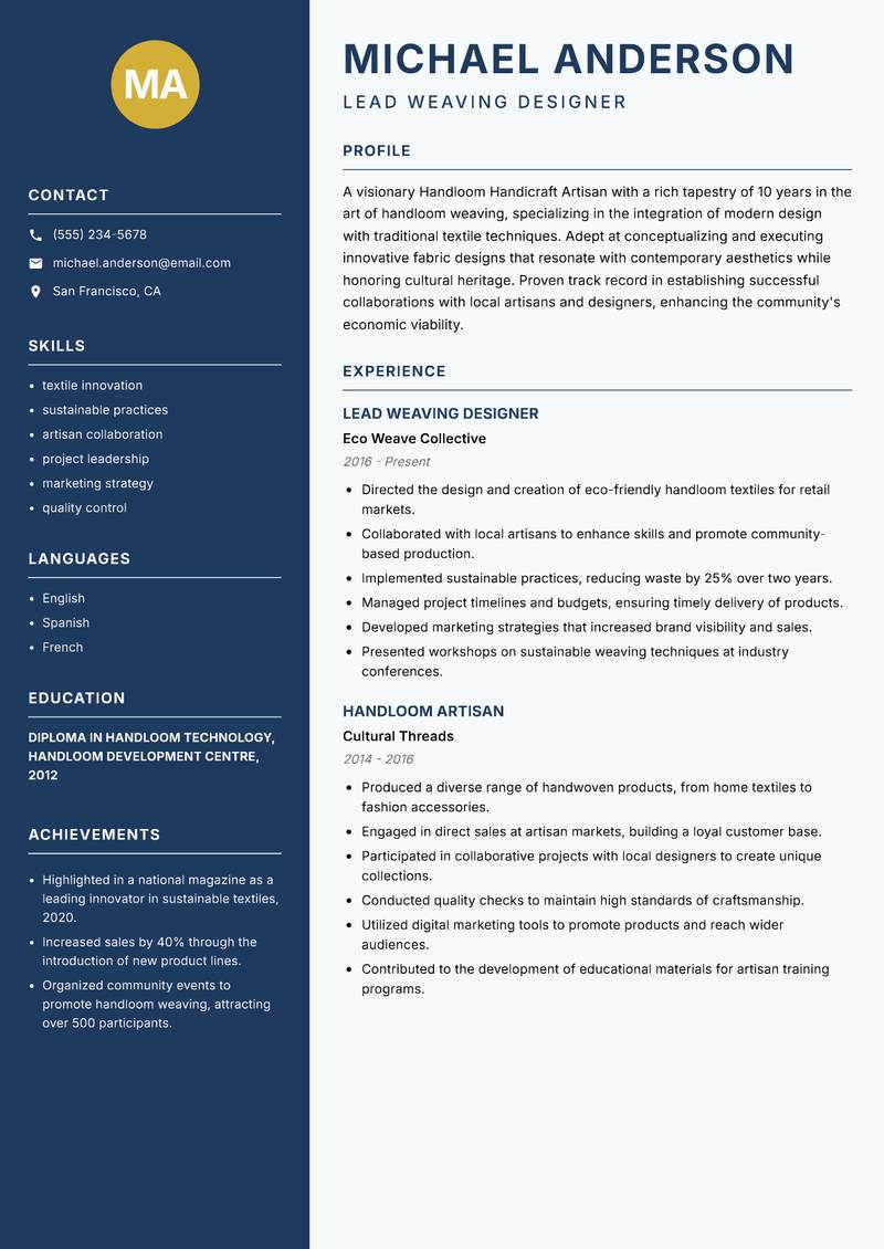 Handloom Handicraft Artisan resume sample — Lead Weaving Designer focus