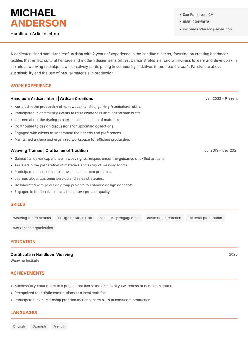 Handloom Handicraft Artisan resume sample — Handloom Artisan Intern focus