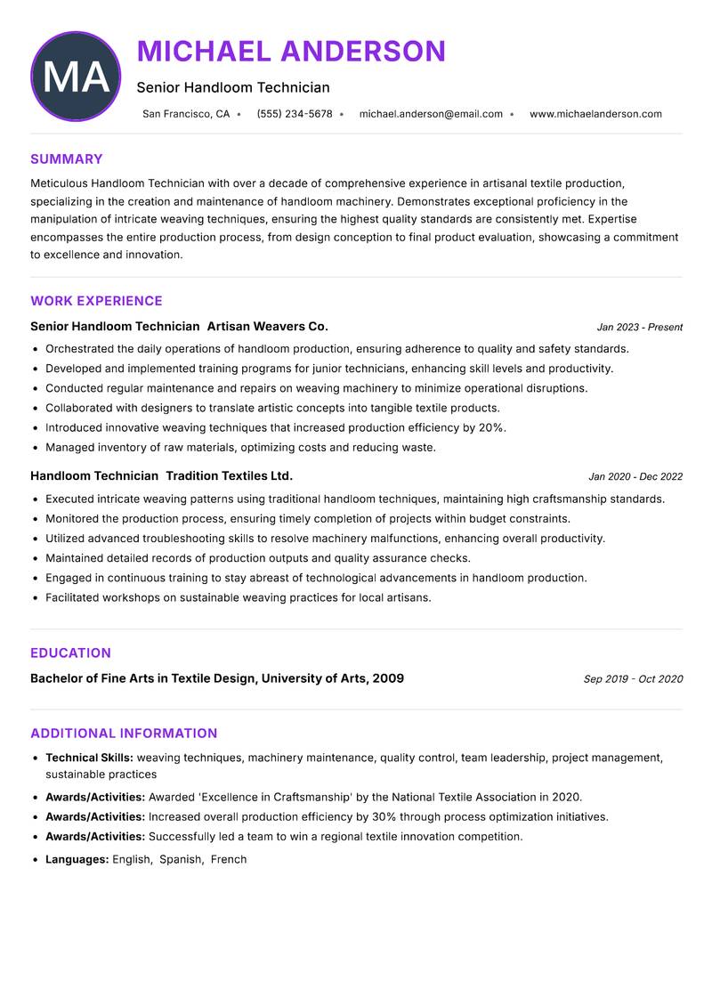 Handloom Technician resume example