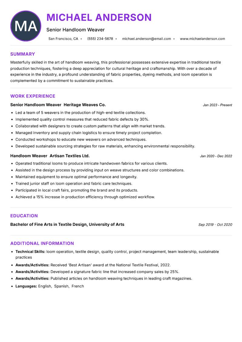 Handloom Weaver resume example