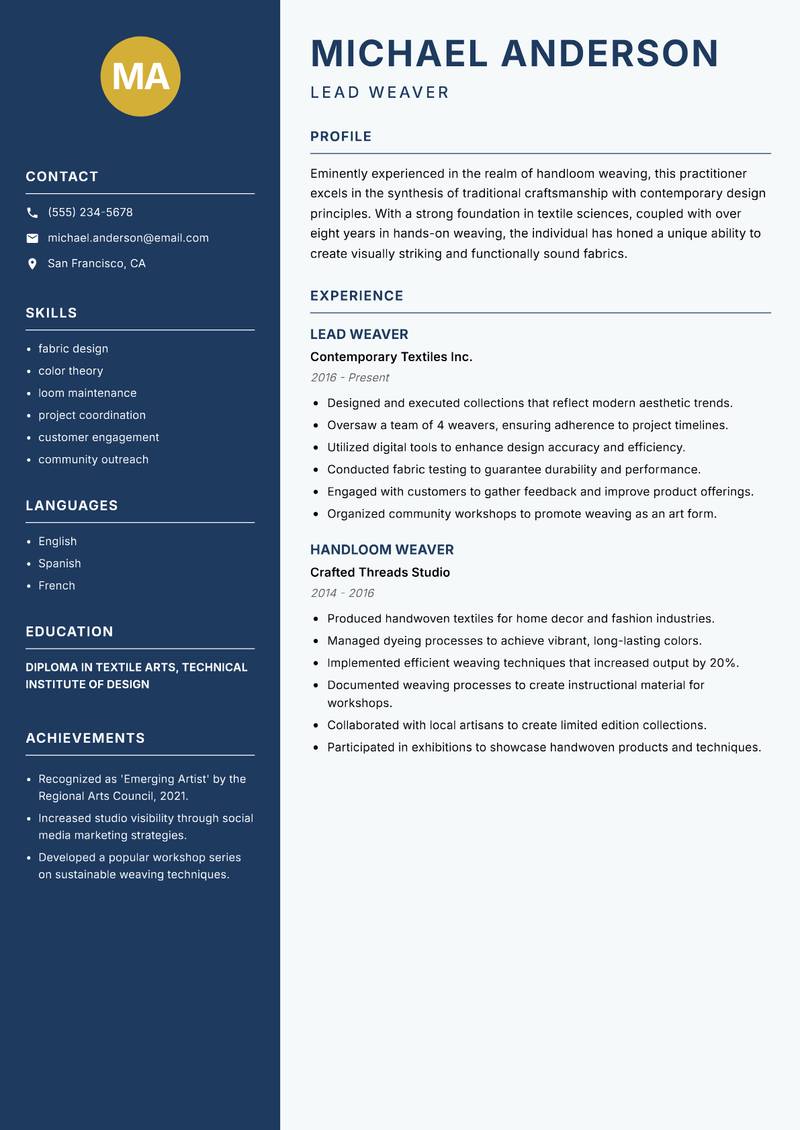 Handloom Weaver resume sample — Lead Weaver focus