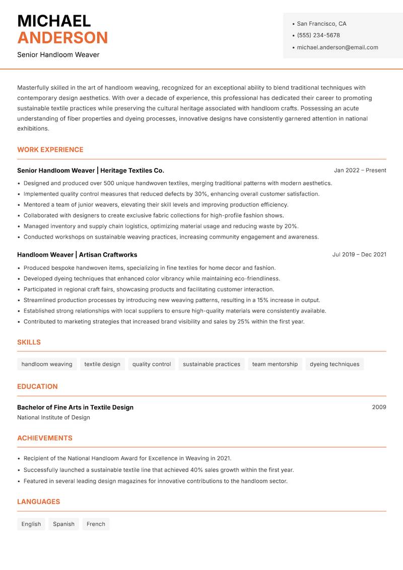 Handloom Weaver resume sample — Senior Handloom Weaver focus