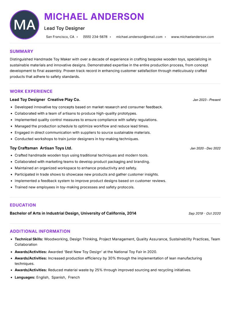 Handmade Toy Maker resume example